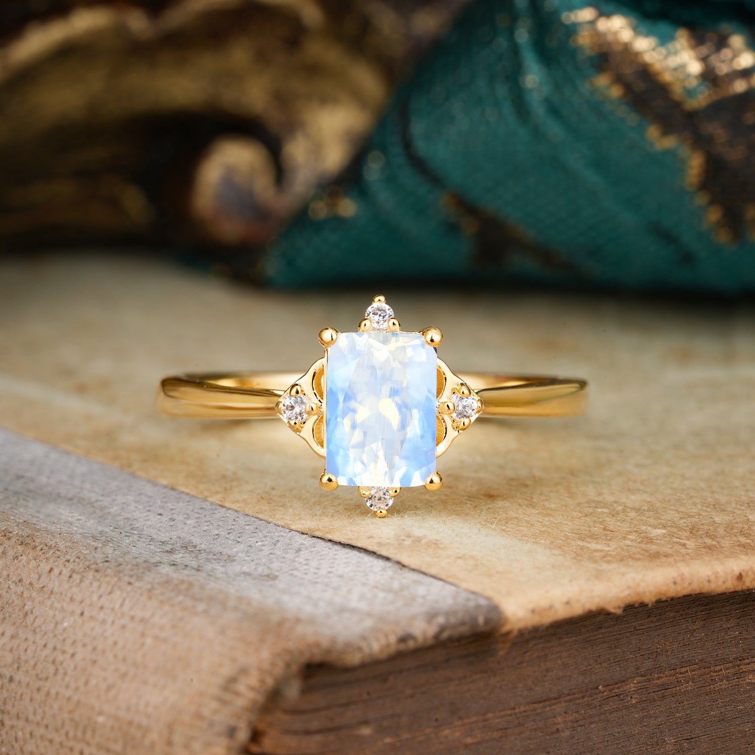 4 Prong Emerald Cut 1 Carat Vintage Moonstone Engagement Ring - Romalar Jewelry