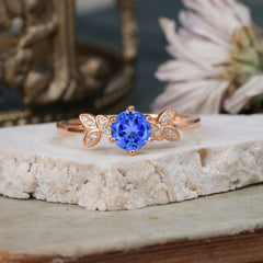 Nature Inspired Round Six Claw Sapphire Leaf Engagement Ring