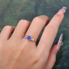 Nature Inspired Round Six Claw Sapphire Leaf Engagement Ring