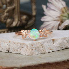 Round White Opal Rainbow Sparkle Leaf Promise Ring Nature Inspired Six Claw Setting