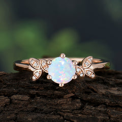Round Opal Promise Ring Nature Inspired Leaf Engagement Ring Six Claw Prong Setting