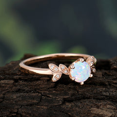 Round Opal Promise Ring Nature Inspired Leaf Engagement Ring Six Claw Prong Setting