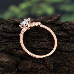Round Opal Promise Ring Nature Inspired Leaf Engagement Ring Six Claw Prong Setting