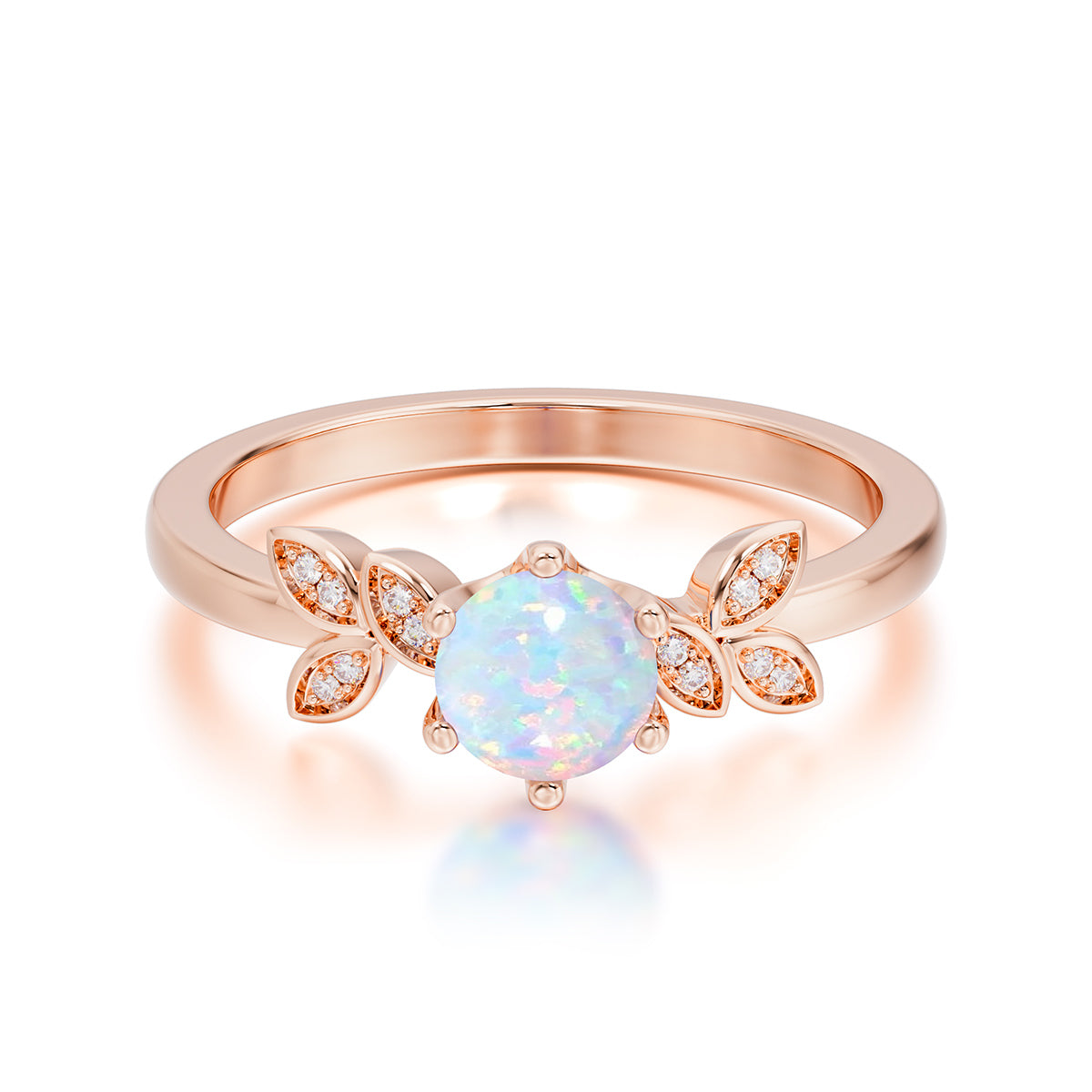 Round Opal Promise Ring Nature Inspired Leaf Engagement Ring Six Claw Prong Setting