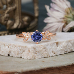 6 Prong Round Cut Tanzanite Brilliant Sparkle Leaf Engagement Ring Nature Inspired Ring for women