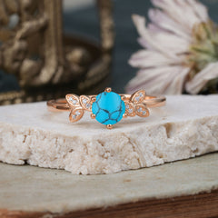 6 Prong Round Cut Turquoise Brilliant Sparkle Leaf Engagement Ring Nature Inspired Ring for women