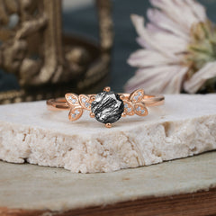 6 Prong Round Cut Black Rutilated Quartz Brilliant Sparkle Leaf Engagement Ring Nature Inspired Ring for women