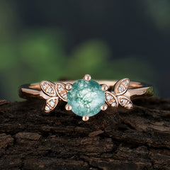Round Moss Agate Promise Ring Nature Inspired Leaf Engagement Ring Six Claw Prong Setting