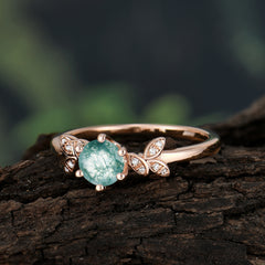 Round Moss Agate Promise Ring Nature Inspired Leaf Engagement Ring Six Claw Prong Setting