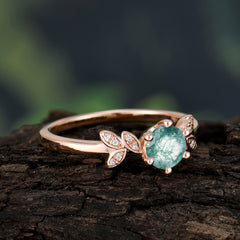 Round Moss Agate Promise Ring Nature Inspired Leaf Engagement Ring Six Claw Prong Setting