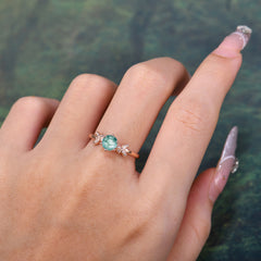 Round Moss Agate Promise Ring Nature Inspired Leaf Engagement Ring Six Claw Prong Setting