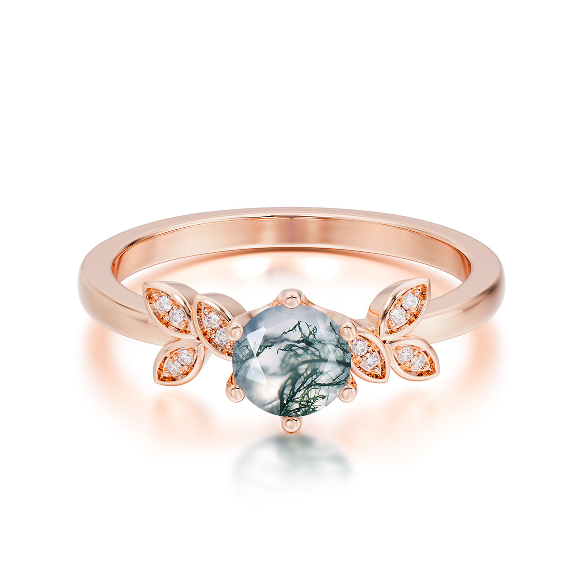 Round Moss Agate Promise Ring Nature Inspired Leaf Engagement Ring Six Claw Prong Setting