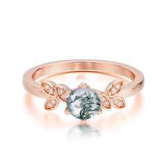 Round Moss Agate Promise Ring Nature Inspired Leaf Engagement Ring Six Claw Prong Setting