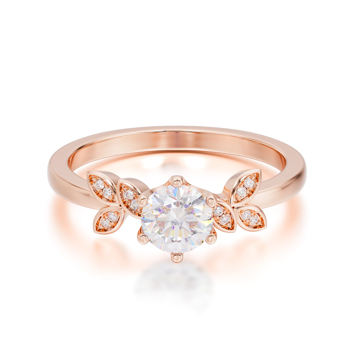 Round Moissanite Promise Ring Nature Inspired Leaf Engagement Ring Six Claw Prong Setting