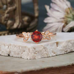 Nature Inspired Round Garnet Deep Red Leaf Six Claw Setting Engagement Ring