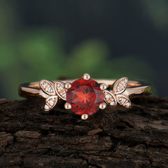 Round Garnet Promise Ring Nature Inspired Leaf Engagement Ring Six Claw Prong Setting