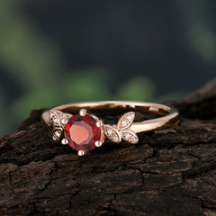 Round Garnet Promise Ring Nature Inspired Leaf Engagement Ring Six Claw Prong Setting