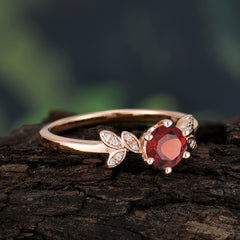 Round Garnet Promise Ring Nature Inspired Leaf Engagement Ring Six Claw Prong Setting