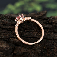 Round Garnet Promise Ring Nature Inspired Leaf Engagement Ring Six Claw Prong Setting