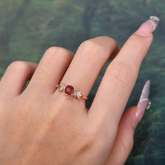 Round Garnet Promise Ring Nature Inspired Leaf Engagement Ring Six Claw Prong Setting