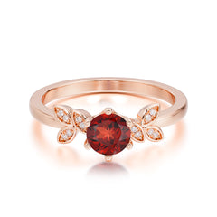 Round Garnet Promise Ring Nature Inspired Leaf Engagement Ring Six Claw Prong Setting