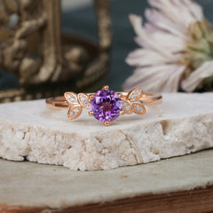 Round Amethyst Purple Nature Inspired Leaf Promise and Engagement Ring