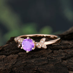 Round Amethyst Promise Ring Nature Inspired Leaf Engagement Ring Six Claw Prong Setting