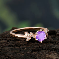 Round Amethyst Promise Ring Nature Inspired Leaf Engagement Ring Six Claw Prong Setting