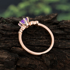 Round Amethyst Promise Ring Nature Inspired Leaf Engagement Ring Six Claw Prong Setting