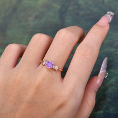 Round Amethyst Promise Ring Nature Inspired Leaf Engagement Ring Six Claw Prong Setting
