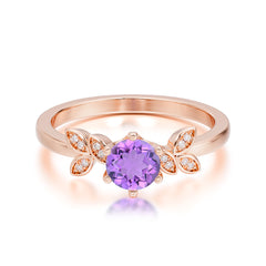 Round Amethyst Promise Ring Nature Inspired Leaf Engagement Ring Six Claw Prong Setting