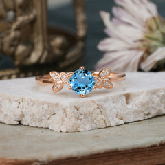 Nature Inspired Round Aquamarine Light Blue Leaf Engagement Ring Six Claw Setting