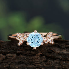 Round Aquamarine Promise Ring Nature Inspired Leaf Engagement Ring Six Claw Prong Setting