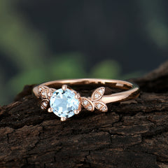 Round Aquamarine Promise Ring Nature Inspired Leaf Engagement Ring Six Claw Prong Setting