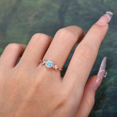 Round Aquamarine Promise Ring Nature Inspired Leaf Engagement Ring Six Claw Prong Setting