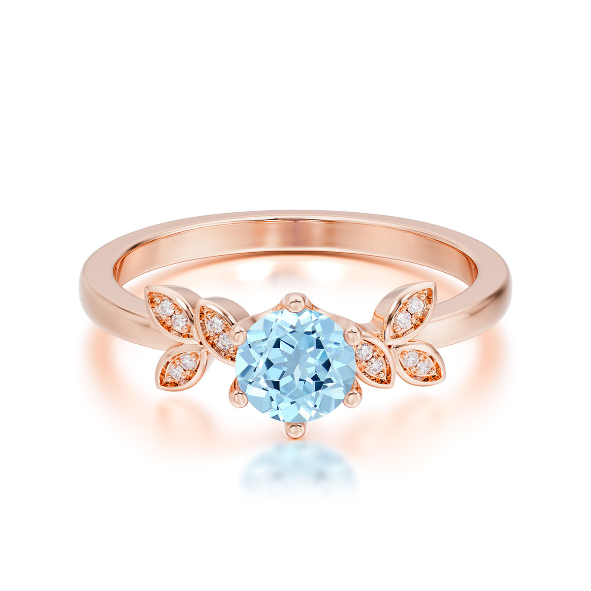 Round Aquamarine Promise Ring Nature Inspired Leaf Engagement Ring Six Claw Prong Setting