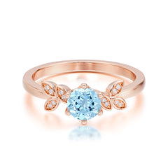 Round Aquamarine Promise Ring Nature Inspired Leaf Engagement Ring Six Claw Prong Setting