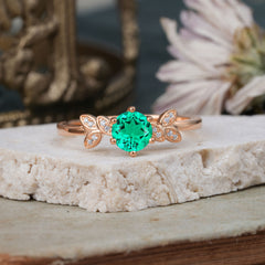 Round Emerald Vintage Green Leaf Engagement Ring Six Claw Setting