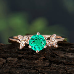 Round Emerald Promise Ring Nature Inspired Leaf Engagement Ring Six Claw Prong Setting