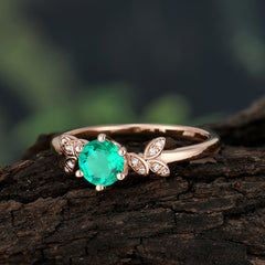 Round Emerald Promise Ring Nature Inspired Leaf Engagement Ring Six Claw Prong Setting