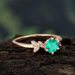 Round Emerald Promise Ring Nature Inspired Leaf Engagement Ring Six Claw Prong Setting