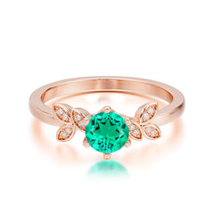 Round Emerald Promise Ring Nature Inspired Leaf Engagement Ring Six Claw Prong Setting