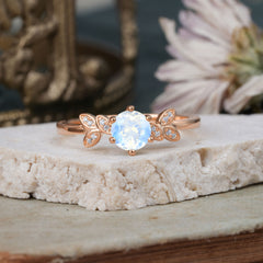 6 Prong Round Cut Opal Brilliant Sparkle Leaf Engagement Ring Nature Inspired Ring for women