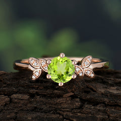 Round Peridot Promise Ring Nature Inspired Leaf Engagement Ring Six Claw Prong Setting