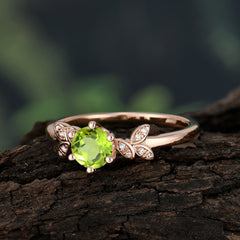 Round Peridot Promise Ring Nature Inspired Leaf Engagement Ring Six Claw Prong Setting