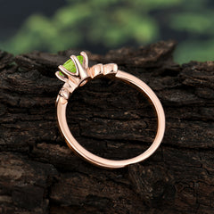 Round Peridot Promise Ring Nature Inspired Leaf Engagement Ring Six Claw Prong Setting