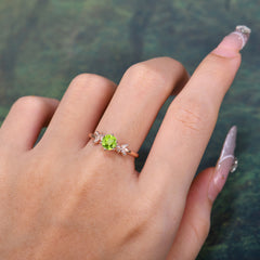 Round Peridot Promise Ring Nature Inspired Leaf Engagement Ring Six Claw Prong Setting