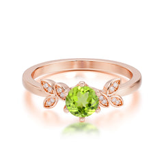 Round Peridot Promise Ring Nature Inspired Leaf Engagement Ring Six Claw Prong Setting