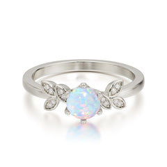 Round Opal Promise Ring Nature Inspired Leaf Engagement Ring Six Claw Prong Setting
