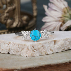 6 Prong Round Cut Turquoise Brilliant Sparkle Leaf Engagement Ring Nature Inspired Ring for women